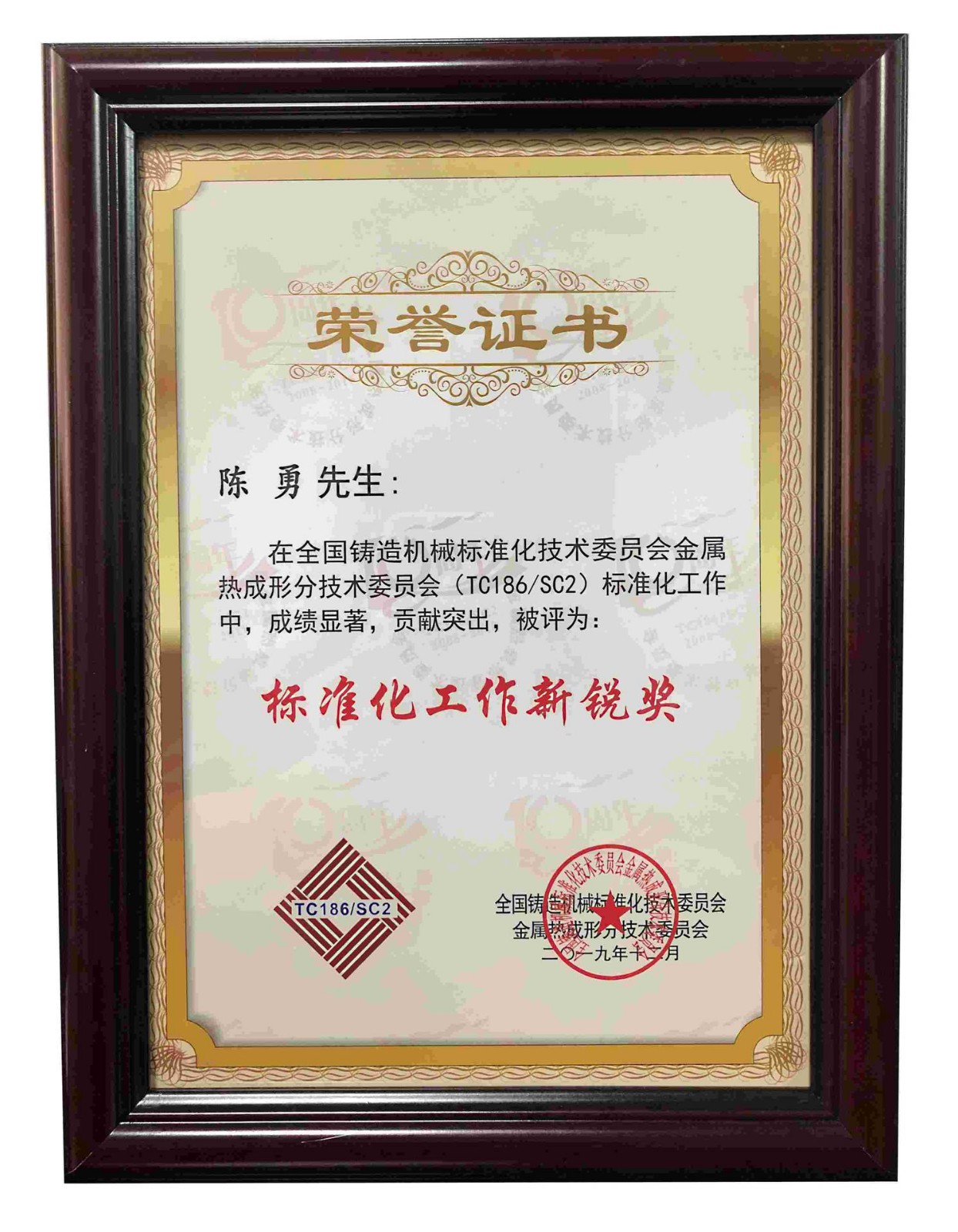 全国铸造机械标准化技术委员会技术热成形技术委员会颁发标准化工作新锐奖